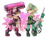 2018 animal_humanoid bare_shoulders callie_(splatoon) carbon_roller carbon_roller_deco cephalopod cephalopod_humanoid clothing custom_e-liter_4k duo e-liter_4k ear_piercing female humanoid humanoid_pointy_ears inkling marie_(splatoon) marine marine_humanoid markings mask mole_(marking) mollusk mollusk_humanoid nintendo piercing pseudo_hair sapphire1010 smile splatoon squid_sisters_(splatoon) tentacle_hair tentacles weapon yellow_eyes