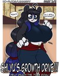 anthro bear big_breasts black_hair blue_eyes bodily_fluids body_size_growth breast_expansion breasts dialogue english_text expansion female giant_panda growth growth_drive hair hi_res huge_breasts lunarspy mammal midriff multicolored_hair open_mouth shi_yu_(lunarspy) size_transformation smile solo sound_effects speech_bubble standing sweat text thick_thighs transformation wide_hips