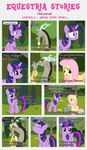 absurd_res anthro bangs black_border border chimera clearing cutie_mark dialogue discord_(mlp) draconequus english_text equid equine estories eyes_closed feathered_wings feathers female feral flower fluttershy_(mlp) folded_wings friendship_is_magic grass group hasbro hi_res horn male mammal my_little_pony mythological_creature mythological_equine mythology narrowed_eyes open_mouth pegasus plant sitting standing text tree trio twilight_sparkle_(mlp) wide_eyed winged_unicorn wings yellow_body yellow_feathers yellow_wings