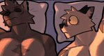 anthro bed canid canine canis comic domestic_dog duo furniture hi_res looking_at_another male mammal muscular pecs pillow rygel_spkb sleeping sleeping_together surprised_expression wolf