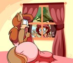 animatedjames anthro archived_source big_butt brown_body brown_fur brown_hair butt curtains duo exclamation_point female fluffy fluffy_tail fur hair human mammal plant red_hair rodent sciurid sherry_(animatedjames) tail tami_(animatedjames) tree tree_squirrel window