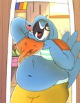 anthro avian beak bed bedroom bedroom_eyes belly big_belly bird blue_body blue_feathers blue_sky_studios blush bottomwear breasts butt chubby_cheeks clothed clothing fan_character feathers female furniture half-closed_eyes hi_res itzimiau looking_at_viewer macaw narrowed_eyes neotropical_parrot nipples obese obese_anthro open_mouth overweight overweight_anthro panties parrot pinup pose rio_(series) seductive simple_background smile solo spix's_macaw tail thick_thighs topwear true_parrot underwear wide_hips wings