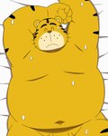 2024 anthro balls belly big_belly bodily_fluids eto1212 eyes_closed felid flaccid genitals hi_res kemono lying male mammal moobs navel overweight overweight_male pantherine penis shima_shima_tora_no_shimajirou shimataro solo sweat tiger