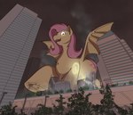 2021 absurd_res bat_pony city cutie_mark destruction digital_media_(artwork) equid eyelashes fangs feral flutterbat_(mlp) fluttershy_(mlp) friendship_is_magic hasbro hi_res hooves macro mammal my_little_pony night open_mouth rapidstrike solo spread_wings tank teeth underhoof vehicle wings