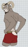 2024 5_fingers anthro arm_tuft bighorn_sheep biped bovid bovid_horn boxers_(clothing) brown_hair butt caprine caprine_horn checkered checkered_background clothed clothing digital_drawing_(artwork) digital_media_(artwork) echo_(series) echo_project elbow_tuft eyebrows eyewear facial_hair fingers fluffy fluffy_tail fur goatee green_eyes hair hands_on_hips head_tilt hi_res horn james_hendricks_iii looking_at_viewer male male_anthro mammal monocle multicolored_body muscular muscular_anthro muscular_male nipples one_eye_closed partially_clothed partially_clothed_male pattern_background pink_nipples portrait ram_horn rear_view red_boxers red_clothing red_underwear sheep short_tail simple_background slim smile solo standing tail tan_body tan_eyebrows tan_fur tan_inner_ear the_smoke_room three-quarter_portrait tuft underwear unsafescapewolf white_background white_body white_fur white_sclera