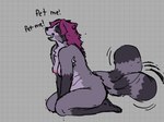 2023 anthro blush blush_lines breasts cheek_tuft chest_tuft english_text excited eyes_closed facial_tuft female grey_background hair katsfish kneeling loona_(katsfish) mammal markings medium_breasts motion_lines nipples pattern_background petting_request procyonid purple_hair raccoon simple_background slightly_chubby smile solo striped_markings striped_tail stripes tail tail_markings tail_motion tailwag text tuft