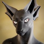 1:1 3d_(artwork) 6_ears ambiguous_gender anthro artist_name black_body bust_portrait circle_eyebrows cross_pupils digital_media_(artwork) eyebrows grey_body grey_eyes half-closed_eyes hi_res lens_flare looking_at_viewer multi_ear narrowed_eyes portrait pupils red_sclera screelee signature simple_background snout unknown_species unusual_pupils webbed_ears yellow_background