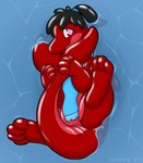 4_toes animate_inanimate cetacean dolphin feet hi_res inflatable latex living_inflatable living_latex mammal marine outside pink_eyes pool_toy red_body simple_background symrea toes toothed_whale