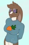 anthro big_ears breasts buckteeth carrot clothed clothing eyewear female food glasses hi_res lagomorph leporid machine mammal oversized_clothing oversized_sweater oversized_topwear plant rabbit ren_(rentherobot) rentherobot robot solo sweater teeth topwear vegetable