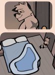 absurd_res anthro bed_sheet bedding canid canine canis clothed clothing comic domestic_dog empty_bed hi_res high-angle_view male mammal pillow rygel_spkb smile solo topless topless_male