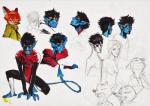 2016 absurd_res anthro blue_body blue_skin canid canine clothed clothing crouching demon disney fox group half-closed_eyes hi_res humanoid_pointy_ears male mammal marvel monoflax narrowed_eyes nick_wilde nightcrawler red_fox simple_background sketch sketch_page true_fox white_background x-men yellow_eyes zootopia