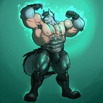 1:1 2024 abs anthro armpit_hair barazoku behemoth_(final_fantasy) big_muscles black_boots black_clothing black_footwear body_hair boots camo camo_print camo_tank_top chest_hair clothing cool_colors fangs final_fantasy flexing flexing_bicep flexing_both_biceps footwear fur green_background green_clothing green_horn green_legwear green_tights grey_body grey_fur hairless hi_res horn huge_muscles kajy legwear male muscular muscular_anthro muscular_male muscular_thighs nax_(behehonax) nipples obliques pecs serratus shoes simple_background solo square_enix tail_mane teal_background teeth tights vein veiny_muscles