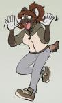 2016 anthro biped bottomwear brown_body brown_fur brown_hair clothed clothing digital_media_(artwork) female footwear fur hair happy hi_res hoodie hyena jazz_hands mammal meme one_leg_up open_mouth pants raised_leg ricket shoes simple_background smile solo spotted_hyena teeth tongue topwear zoya_(monstercatpbb)