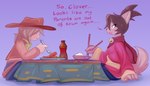 anonymous_artist anthro asian_clothing canid canine clothed clothing clover_(undertale_yellow) cowboy_hat dialogue duo east_asian_clothing eating female fox hat headgear headwear human japanese_clothing kanako_ketsukane kimono male mammal sitting sitting_on_ground tail undertale_(series) undertale_yellow