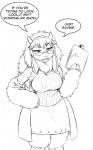 anthro big_breasts black_and_white bovid breasts caprine chochi clipboard clothed clothing dialogue english_honorific english_text eyewear female glasses hair half-closed_eyes hi_res holding_clipboard holding_object honorific long_hair mammal monochrome name_drop name_in_dialogue narrowed_eyes poppy_opossum ribbed_clothing ribbed_sweater sheep simple_background sketch solo speech_bubble text white_background