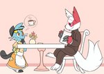 anthro beverage black_body black_fur blue_body blue_fur cafe chair clothed clothing coffee colored dewott dress duo eyewear female fur furniture generation_3_pokemon generation_5_pokemon kipaki maid_cafe maid_uniform male nervous nintendo pokemon pokemon_(species) red_body red_fur serving sitting size_difference smaller_female sunglasses table tail uniform white_body white_fur zangoose