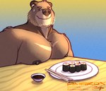 amarox anthro awkward_smile bear beard big_pecs brown_bear chest_on_dining_table_(meme) chopsticks digital_drawing_(artwork) digital_media_(artwork) dinner_table ear_piercing ear_ring ewan_(amarox) facial_hair food grizzly_bear hi_res looking_at_viewer male mammal muscular nipples pecs pecs_on_table piercing ring_piercing solo sushi ursine