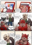 absurd_res anthro boss_(gym_pals) bovid bovine canid canine canis cattle cellphone clothing comic dialogue drawing_tablet electronics english_text felid female gesture gym_pals h155296 hand_gesture hat headgear headwear hi_res lion male mammal manager_(gym_pals) master_(gym_pals) niku_(gym_pals) pantherine phone shirt smartphone tank_top text topwear v_sign wolf