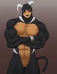 2017 abs anthro anthrofied biceps big_muscles black_body black_fur countershading crossed_arms front_view frown fur generation_2_pokemon gradient_background hi_res horn houndoom looking_at_viewer male muscular muscular_male nintendo nude orange_body orange_countershading pecs pokemon pokemon_(species) red_eyes simple_background solo sonicgamer