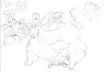 alphys anthro belly big_belly big_breasts big_butt bodily_fluids bottomless breasts breath buckteeth butt chair cleavage clothed clothing dinosaur eyewear face_shield female furniture genitals glasses huge_breasts huge_butt huge_thighs hyper hyper_breasts hyper_thighs ineffective_clothing mask monochrome navel necro_lorr nipple_outline obese obese_female office_chair oil_stain overweight overweight_female plump_labia prehistoric_species pussy reptile scalie solo sweat sweaty_genitalia sweaty_pussy teeth thick_thighs undertale_(series) welding_mask welding_torch