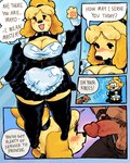 2024 4:5 animal_crossing anthro balls blush breasts canid canine canis cleavage clothed clothing comic command dialogue digital_drawing_(artwork) digital_media_(artwork) domestic_dog duo english_text female fur genitals gesture hi_res human human_on_anthro humanoid_genitalia humanoid_penis interspecies isabelle_(animal_crossing) kewpiekills legwear looking_at_viewer maid_uniform male male/female mammal mayor_(animal_crossing) nintendo penis pubes roleplay smile smiling_at_viewer speech_bubble submissive submissive_anthro submissive_female text thigh_highs uniform waving waving_at_viewer yellow_body yellow_fur