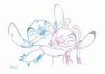 2014 absurd_res alien angel_(lilo_and_stitch) antennae_(anatomy) back_markings blue_body blue_claws blue_fur blue_nose canon_couple chest_markings chest_tuft claws colored_pencil_(artwork) colored_sketch disney duo english_text experiment_(lilo_and_stitch) eyes_closed female fur happy head_tuft hi_res hug lilo_and_stitch male male/female markings notched_ear patrick_sierra pink_body pink_fur pink_nose romantic romantic_couple signature simple_background sketch small_tail smile stitch_(lilo_and_stitch) tail text traditional_media_(artwork) tuft white_background