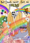 animated_skeleton bone bone_hand bright bright_colors bubble clothing death_(personification) dialogue english_text feral flower group happy heart_symbol humanoid hybrid jenny_jinya joyful loving_reaper male plant rainbow robe role_reversal skeleton skull skull_head text tree undead