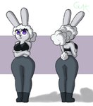 angry annoyed anthro ashely_winters_(guak) big_breasts big_butt black_clothing black_topwear bottomwear breasts butt clothing crossed_arms curvy_figure female fluffy fluffy_hair fluffy_tail front_view frown fur grey_body grey_bottomwear grey_clothing grey_fur grey_pants guak hair hi_res hourglass_figure humanoid lagomorph leporid looking_at_viewer mammal model_sheet pants purple_eyes rabbit rear_view shirt simple_background solo tail tank_top text thick_thighs topwear white_body white_fur white_hair wide_hips