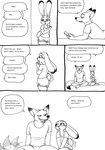 2023 4_toes 5_fingers anthro barefoot bernielover bernielover's_college_au blush breasts canid canine claws clothed clothing comic dialogue disney duo english_text fangs feet female finger_claws fingers fox fur hi_res judy_hopps lagomorph leporid male male/female mammal monochrome nick_wilde rabbit red_fox shirt smile speech_bubble t-shirt tail tail_motion tailwag teeth text toes topwear true_fox zootopia