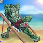 1:1 4_toes abdominal_scar abs absurd_res anthro armpit_tuft bashbl-ux beach beach_chair black_claws black_stripes blurred_background bottomwear bulge cheek_tuft chest_scar chest_tuft chromatic_aberration claws clothed clothing day detailed_bulge digitigrade facial_tuft feet felid foot_on_knee fur green_body green_fur green_hair hair hands_behind_head hi_res looking_at_viewer male mammal muscular muscular_anthro muscular_male outside pantherine pawpads paws pecs pink_nose pink_pawpads pubes qr_code reclining relaxing scar sea shaded shorts shorts_only signature sitting sky soft_shading solo stripes sun tail teeth tiger toe_claws toes toothy_grin topless tsumi_(tsuminotora) tuft water yellow_eyes