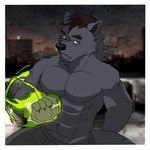 1:1 2023 abs absurd_res anthro barazoku black_body black_fur black_hair border bored bottomwear canid canine canis city cityscape claws clothed clothing colored cute_fangs dared_u digital_media_(artwork) fluffy fur glowing green_eyes hair hand_behind_back hi_res inner_ear_fluff jacob_(super-nova) looking_at_viewer magic male mammal muscular muscular_male night outside pants pecs pose raised_arm rooftop scar solo standing super-nova tail topless topless_male tuft white_border wolf