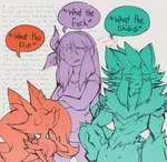 2024 anthro braided_hair braixen canid canine chest_tuft crossed_arms dialogue english_text felid feline felisha_(thwillartz) female generation_6_pokemon generation_7_pokemon group hair human inner_ear_fluff legendary_pokemon long_hair male mammal meme nintendo pardonne pokemon pokemon_(species) profanity signature size_difference snout speech_bubble surprise surprised_expression text thwillartz trio tuft vaporeon_copypasta yanuna zeraora