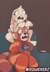 ailurid anthro bear console controller electronics female female/female fur furniture gaming giant_panda lagomorph leporid mammal nintendo nintendo_switch onsie phone playing_video_game rabbit red_body red_fur red_panda sofa sqwek