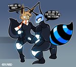 absurd_res antennae_(anatomy) anthro arthropod arthropod_abdomen bee black_body black_bodysuit black_clothing black_latex black_skinsuit blue_body bodysuit brown_body brown_fur clothing crouching dialogue eevee english_text female fur generation_1_pokemon glowing green_eyes hi_res holding_bulge hymenopteran insect latex latex_bodysuit latex_clothing latex_skinsuit lights lock_bulge lock_symbol male male/female multicolored_body n-2_(rem_phase) nintendo null null_bulge pokemon pokemon_(species) rem_phase scarf skinsuit speech_bubble text tight_clothing tom_the_eevee_(freaksman99) two_tone_body