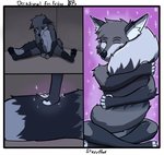 anthro black_nose border canid canine comic fluffy fluffy_tail fox front_view fur grey_body grey_fur hi_res holding_tail lonely male mammal sad self_love sitting snout solo starrffax tail tail_hug white_border