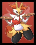 absurd_res anthro apron apron_only braixen breasts clothing female food generation_6_pokemon hi_res inner_ear_fluff medium_breasts nintendo pepperoni pizza pokemon pokemon_(species) red_eyes rondonite solo steam tail thick_thighs tray tuft