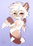 2019 anthro blue_eyes breasts brown_wings chibi ear_piercing eyelashes eyewear facial_piercing feathered_wings feathers featureless_breasts female full-length_portrait glasses hair heterochromia hi_res industrial_piercing multicolored_hair multiple_piercings navel nose_piercing nose_ring nude orange_body orange_eyes orange_hair orange_wings piercing portrait ring_piercing round_glasses septum_piercing septum_ring solo standing tiggybloom two_tone_hair white_body white_hair white_wings wings