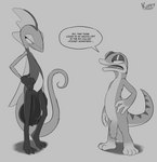 3_toes 4_fingers 4_toes 5_fingers absurd_res anthro ball_size_difference balls big_balls big_penis crossover dialogue duo english_text feet fingers flaccid foreskin generation_8_pokemon genitals gex_(series) gex_the_gecko greyscale hand_on_hip hi_res huge_balls huge_penis humanoid_genitalia humanoid_penis inteleon kiffy_(artist) lizard long_foreskin long_tail male male/male monochrome nintendo nude open_mouth penis penis_size_difference pokemon pokemon_(species) reptile scalie speech_bubble tail text toes unretracted_foreskin