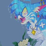 ambiguous_gender angry anthro blue_body blue_fur bodily_fluids canid canine clothing crying dress flower fur mammal open_mouth plant raining shonencore solo tears unfinished