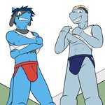 1:1 anthro anthrofied blue_clothing blue_underwear bulge clothed clothing clothing_lift duo fuze generation_1_pokemon generation_4_pokemon hi_res jockstrap logan_(fuze) looking_at_viewer low-angle_view machop male midriff navel nintendo nipples pokemon pokemon_(species) red_clothing red_underwear riolu shirt shirt_lift tank_top topwear underwear undressing