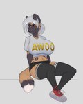 4:5 absurd_res african_wild_dog anthro awoos_diner big_breasts black_body black_fur bottomwear breasts brown_body brown_fur canid canine clothing crossed_feet female footwear fur hair hands_behind_back hi_res hotpants huge_breasts legwear mammal markings mika_(devildjmachine) mortarionlordofdeath orange_eyes shirt shoes shorts silver_hair sitting sneakers solo spots spotted_markings t-shirt text text_on_clothing text_on_shirt text_on_topwear thigh_highs topwear