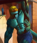 2024 abs anthro biceps big_muscles blue_body blue_bottomwear blue_clothing blue_scales blue_shorts bodily_fluids bottomwear clothed clothing collared_lizard common_collared_lizard detailed_background digital_media_(artwork) digital_painting_(artwork) fingers green_eyes hi_res lats_(muscle) lizard looking_back male markings monroe_lehner muscular muscular_anthro muscular_male nightarm obliques orange_body orange_scales pecs public_shower quads raised_arm reptile scales scalie serratus shorts shorts_only solo spots spotted_body spotted_scales striped_body striped_scales stripes sweat sweatdrop sweaty_abs sweaty_pecs topless yellow_body yellow_scales