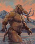 2024 4:5 4_fingers anthro arm_wraps biceps bottomwear brown_body brown_fur claws clothed clothing detailed_background elephantid finger_claws fingers fur hi_res loincloth loincloth_only male mammal mammoth mountain muscular muscular_male partially_submerged pecs prehistoric_species proboscidean proboscis_(anatomy) side_view signature solo standing tail taran_fiddler topless trunk_(anatomy) tusks walking weretober woolly_mammoth wraps