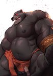 anthro bear beard biceps black_bear_guai black_body black_myth:_wukong bottomwear clothing facial_hair flaccid foreskin genitals hi_res humanoid_genitalia humanoid_penis loincloth male mammal musclegut muscular open_mouth partially_retracted_foreskin penis red_eyes reland_wolf simple_background solo three-quarter_view white_background