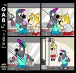 anthro athletic_wear black_eyes black_nose canid canine canis clinging clothed clothing comic curled_tail domestic_dog duo exercise exercise_equipment fur gab_(comic) gab_shiba gabshiba grey_body grey_skin gym hat headgear headwear holding_object humor inside male mammal marine pinniped seal shiba_inu shocked spitz tail text url whiskers yellow_body yellow_fur