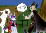 anthro bat bovid bovine canid canine cape cattle clothing dialogue duo fairy_tales farm female fence fennec_fox food fox fruit hair halloween hay hay_bale holidays jessica_whiteclawz little_red_riding_hood_(copyright) male male/female mammal pictographics plant pumpkin purple_hair pushing simple_background speech_bubble tetsushi true_fox