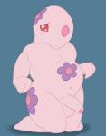 anthro anthrofied balls biped blue_background erection foreskin generation_5_pokemon genitals half-closed_eyes half-erect hi_res humanoid_genitalia humanoid_penis kneeling male mammal munna narrowed_eyes navel nintendo nude partially_retracted_foreskin penis pink_body pink_eyes pink_skin pokemon pokemon_(species) pokemorph posexe simple_background slightly_chubby solo