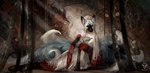 anthro asian_clothing asian_mythology belt black_nose blue_body blue_eyes blue_fur canid canine clothing curtains drawing_sofa east_asian_clothing east_asian_mythology female fox fur hair hi_res japan japanese_clothing japanese_mythology kimono mammal many_tails mythology red_belt solo white_body white_fur white_hair yokai