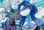 2019 anthro black_nose blue_hair blue_wings breasts cleavage closed_smile clothed clothing crossgender digital_media_(artwork) electronics eyebrows eyelashes female generation_3_pokemon generation_6_pokemon green_eyes green_sclera group hair headphones headphones_around_neck latiar latias latios laurel_misora legendary_pokemon lips locke_(sullentiger) long_hair looking_at_another male meowstic mouth_closed nintendo one_eye_closed open_mouth open_smile pokemon pokemon_(species) pokemorph pupils selfie smile teeth tiara_(latiar) tongue trio window wings