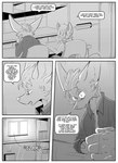 absurd_res anthro braun_(kifyun2) canid canine chair clothed clothing comic dialogue duo emily_braun_(undying_void) english_text female fox furniture hi_res inner_ear_fluff kifyun2 kitchen male mammal monochrome outside simple_background sitting speech_bubble text tuft window